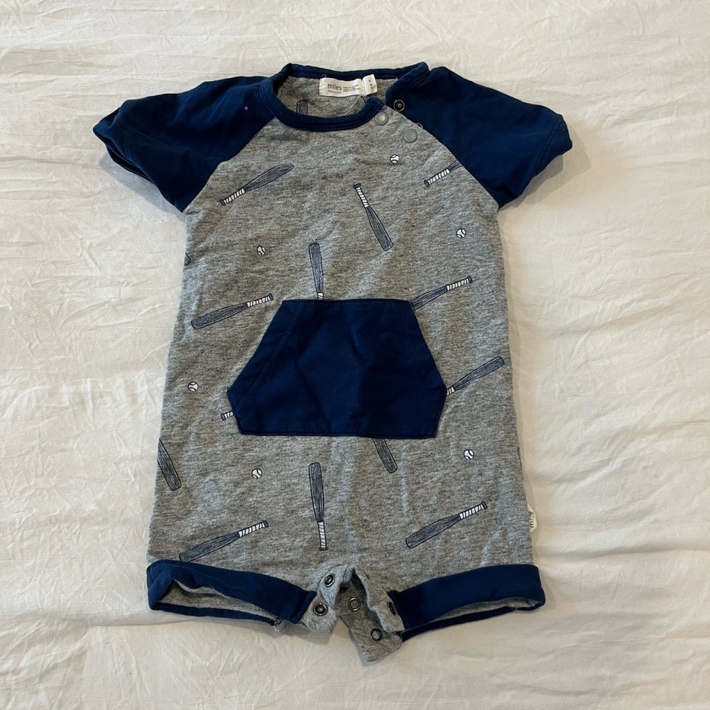 Miles the Label 6 mo Blue and Gray Baby Romper with Baseball Print